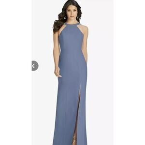 DESSY COLLECTION HIGH-NECK BACKLESS CREPE TRUMPET GOWN LARKSPUR BLUE SZ 8 NWT